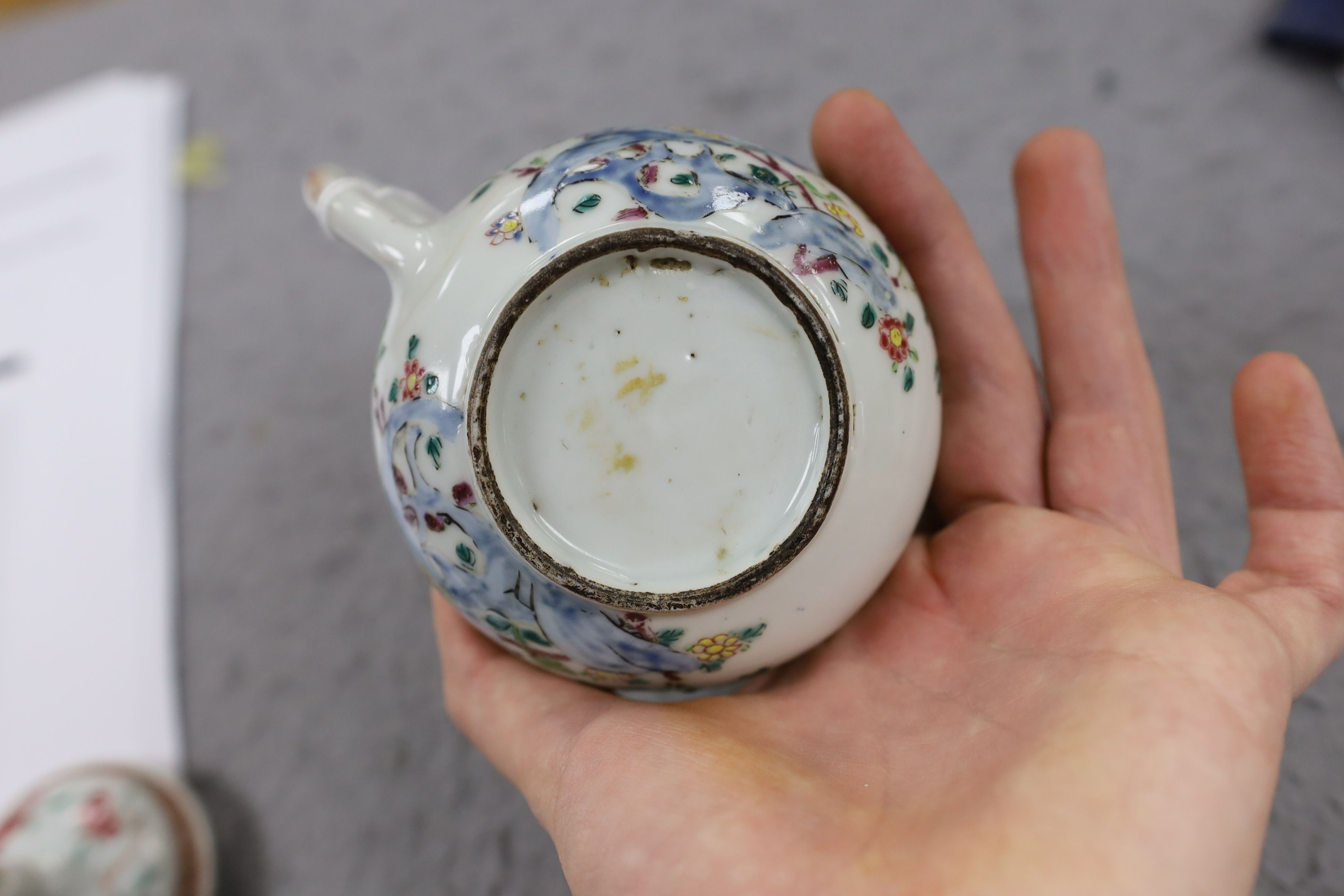 A Chinese famille rose ‘cockerel’ teapot, Yongzheng period, 12 cms high, 11.5cm high